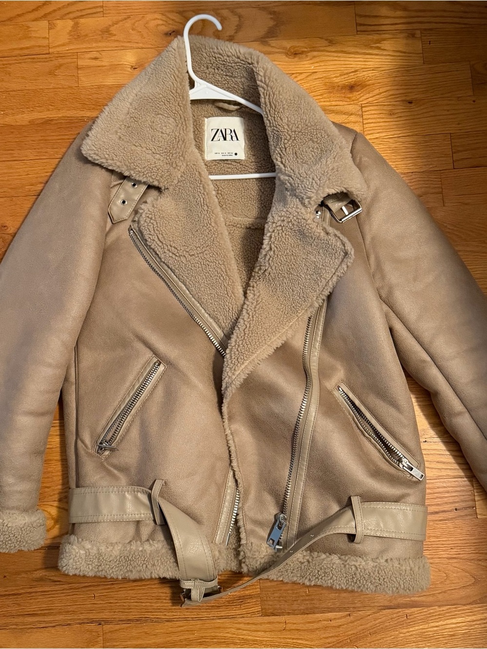 Zara Beige Taupe Faux-Shearling Moto Jacket